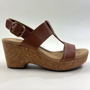 Clarks Giselle Style Tan Brown Leather Womens 10 Wedge Sandals Buckle 26177166